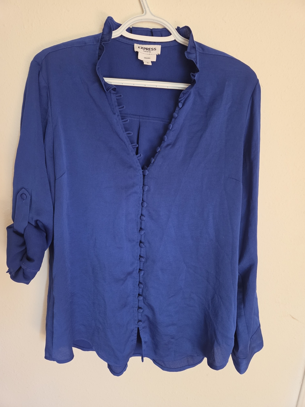 Express Royal Blue Ruffle V-Neck Button Front Blouse